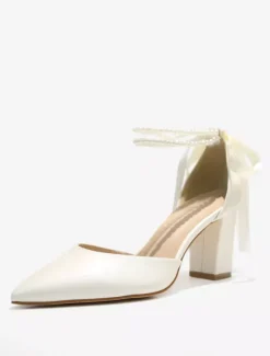 White Wedding Shoes Block Heel Pearls Pointed Toe Bridal Pumps