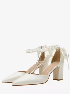 White Wedding Shoes Block Heel Pearls Pointed Toe Bridal Pumps