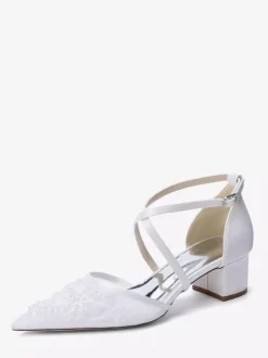 White Wedding Shoes Mesh Pointed Toe Beaded Criss Cross Chunky Heel Bridal Shoes