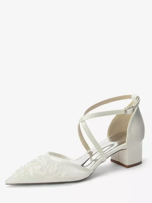 White Wedding Shoes Mesh Pointed Toe Beaded Criss Cross Chunky Heel Bridal Shoes