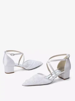 White Wedding Shoes Mesh Pointed Toe Beaded Criss Cross Chunky Heel Bridal Shoes