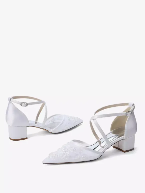 White Wedding Shoes Mesh Pointed Toe Beaded Criss Cross Chunky Heel Bridal Shoes