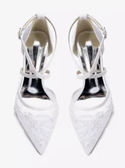 White Wedding Shoes Mesh Pointed Toe Beaded Criss Cross Chunky Heel Bridal Shoes