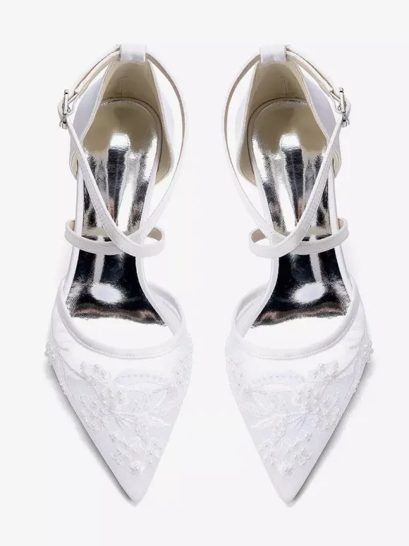 White Wedding Shoes Mesh Pointed Toe Beaded Criss Cross Chunky Heel Bridal Shoes