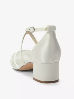 White Wedding Shoes Mesh Pointed Toe Beaded Criss Cross Chunky Heel Bridal Shoes