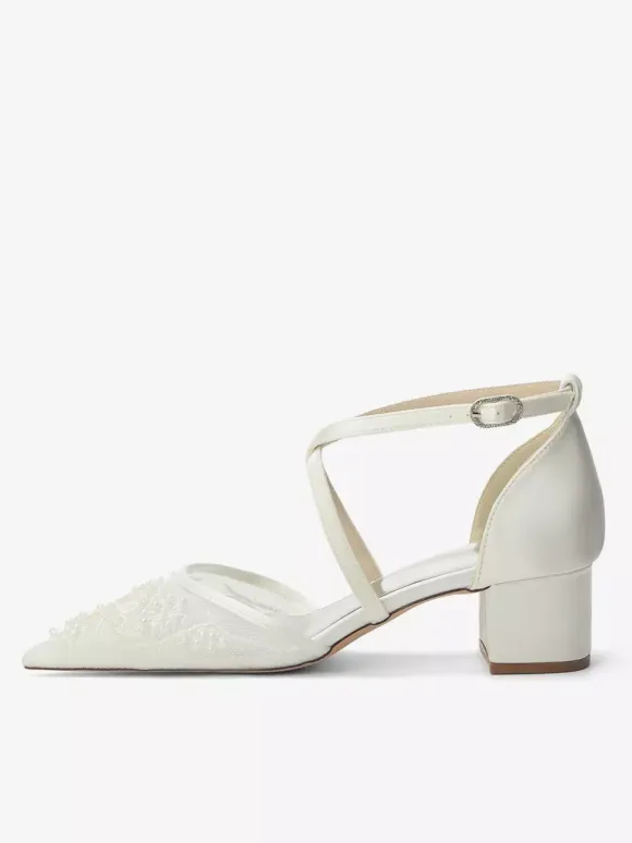 White Wedding Shoes Mesh Pointed Toe Beaded Criss Cross Chunky Heel Bridal Shoes