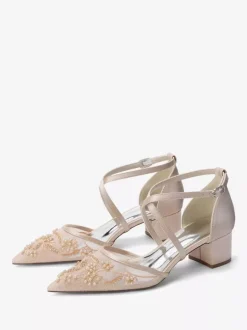 White Wedding Shoes Mesh Pointed Toe Beaded Criss Cross Chunky Heel Bridal Shoes