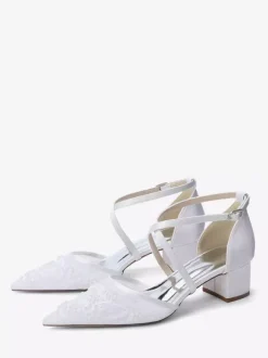 White Wedding Shoes Mesh Pointed Toe Beaded Criss Cross Chunky Heel Bridal Shoes