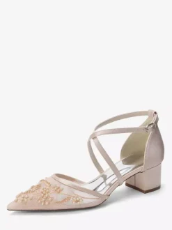 White Wedding Shoes Mesh Pointed Toe Beaded Criss Cross Chunky Heel Bridal Shoes