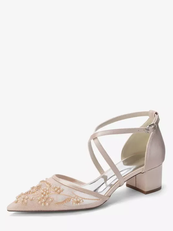 White Wedding Shoes Mesh Pointed Toe Beaded Criss Cross Chunky Heel Bridal Shoes