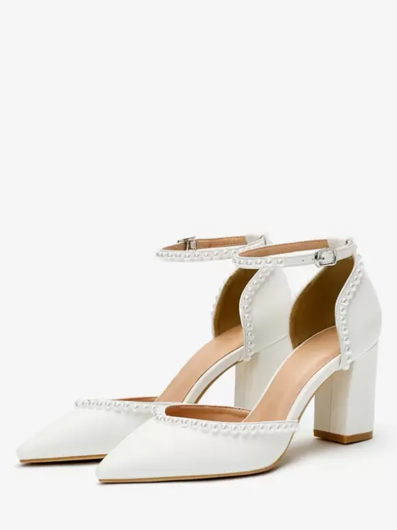 White Wedding Shoes Pointed Toe Pearls Block Heel Bridal Pumps