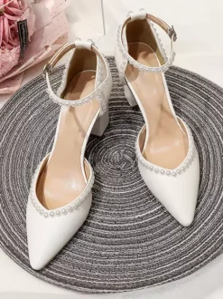 White Wedding Shoes Pointed Toe Pearls Block Heel Bridal Pumps