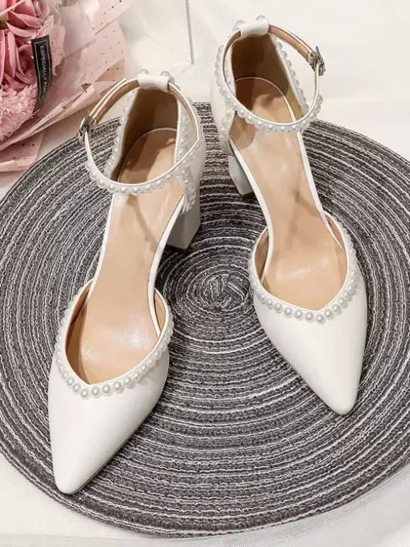 White Wedding Shoes Pointed Toe Pearls Block Heel Bridal Pumps