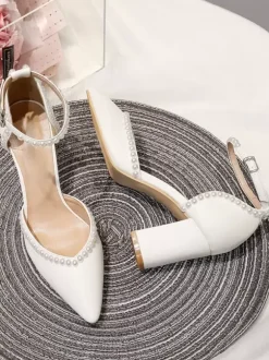 White Wedding Shoes Pointed Toe Pearls Block Heel Bridal Pumps