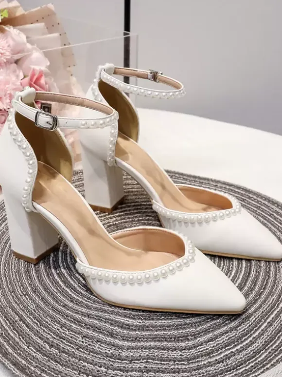 White Wedding Shoes Pointed Toe Pearls Block Heel Bridal Pumps