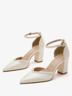 White Wedding Shoes Pointed Toe Pearls Block Heel Bridal Pumps