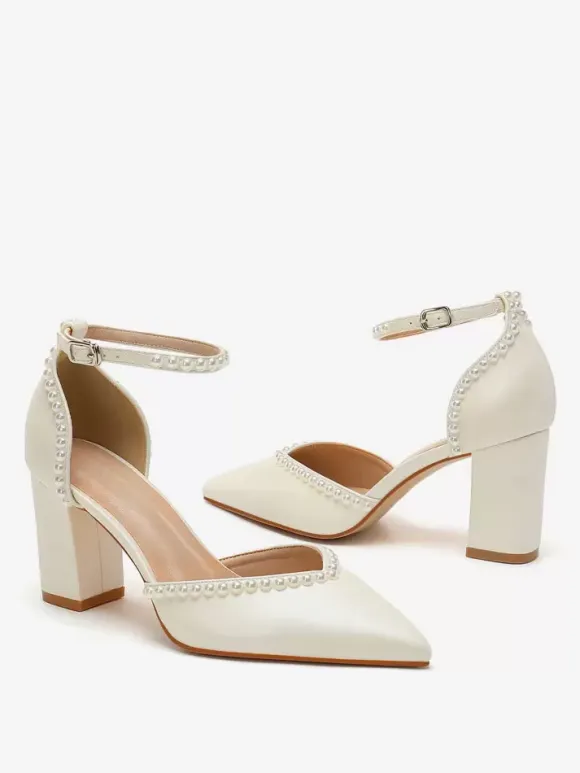 White Wedding Shoes Pointed Toe Pearls Block Heel Bridal Pumps