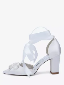 White Wedding Shoes Satin Pointed Toe Pearls Bow Chunky Heel Bridal Shoes