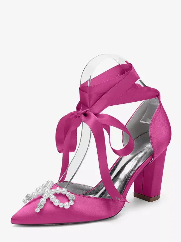 White Wedding Shoes Satin Pointed Toe Pearls Bow Chunky Heel Bridal Shoes