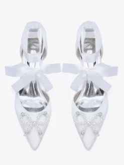 White Wedding Shoes Satin Pointed Toe Pearls Bow Chunky Heel Bridal Shoes