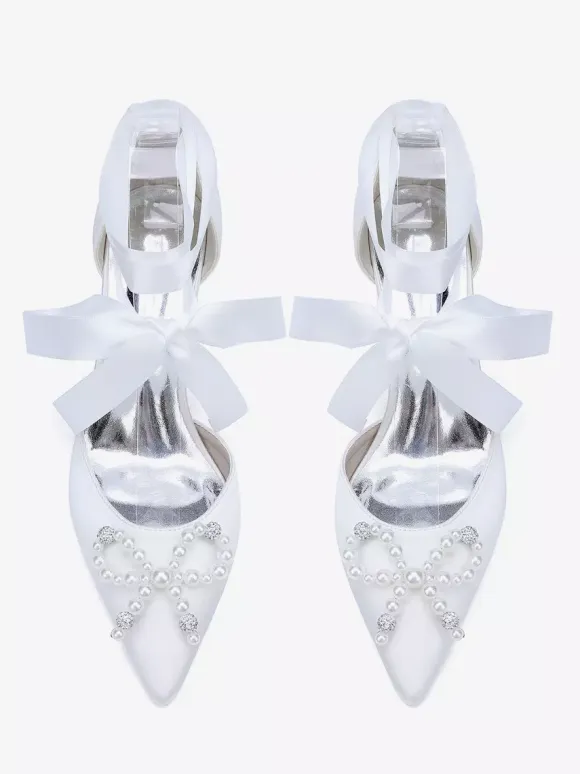 White Wedding Shoes Satin Pointed Toe Pearls Bow Chunky Heel Bridal Shoes