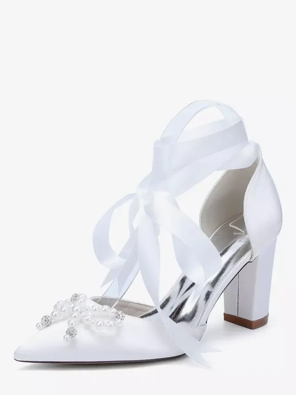 White Wedding Shoes Satin Pointed Toe Pearls Bow Chunky Heel Bridal Shoes