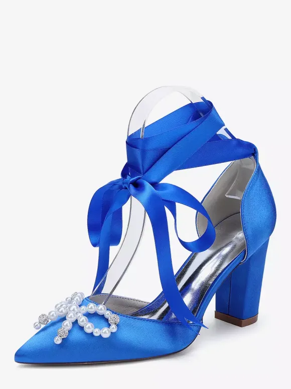 White Wedding Shoes Satin Pointed Toe Pearls Bow Chunky Heel Bridal Shoes