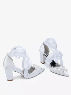 White Wedding Shoes Satin Pointed Toe Pearls Bow Chunky Heel Bridal Shoes