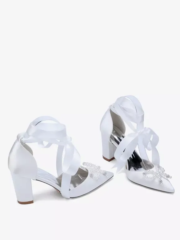 White Wedding Shoes Satin Pointed Toe Pearls Bow Chunky Heel Bridal Shoes