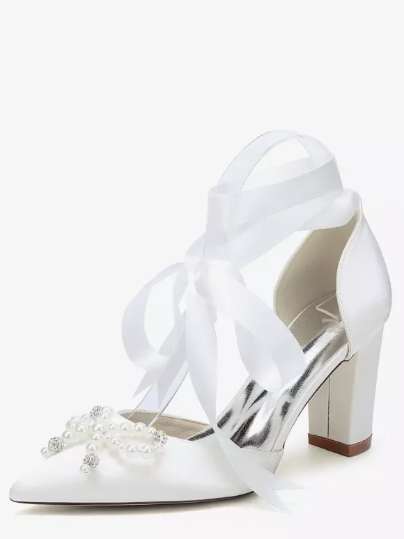 White Wedding Shoes Satin Pointed Toe Pearls Bow Chunky Heel Bridal Shoes