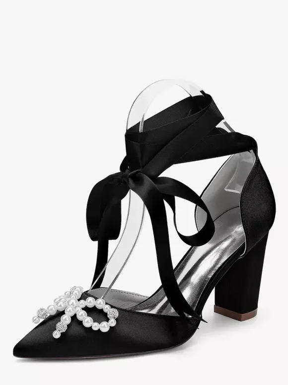 White Wedding Shoes Satin Pointed Toe Pearls Bow Chunky Heel Bridal Shoes