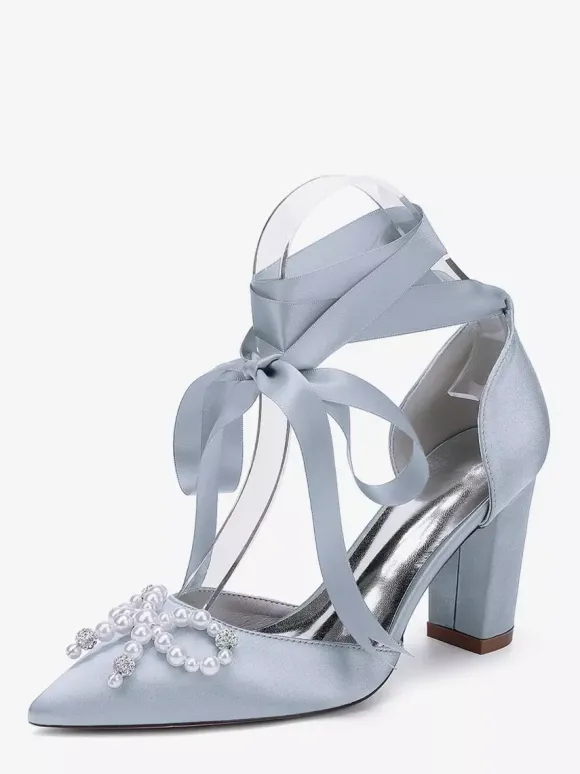 White Wedding Shoes Satin Pointed Toe Pearls Bow Chunky Heel Bridal Shoes