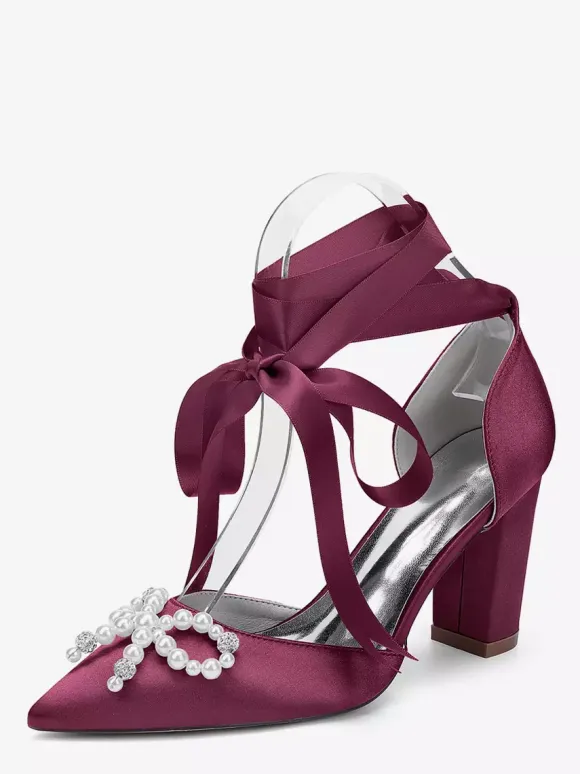 White Wedding Shoes Satin Pointed Toe Pearls Bow Chunky Heel Bridal Shoes