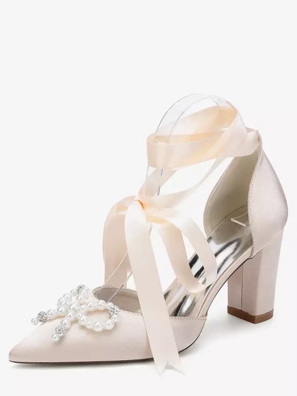 White Wedding Shoes Satin Pointed Toe Pearls Bow Chunky Heel Bridal Shoes