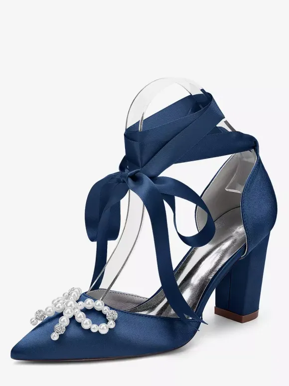 White Wedding Shoes Satin Pointed Toe Pearls Bow Chunky Heel Bridal Shoes