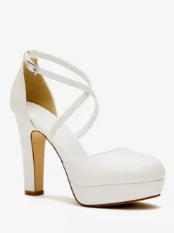 White Wedding Shoes Satin Platform Round Toe Criss Cross Bridal Pumps