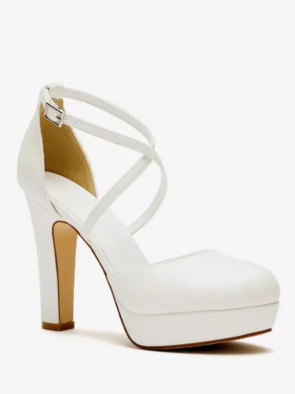 White Wedding Shoes Satin Platform Round Toe Criss Cross Bridal Pumps