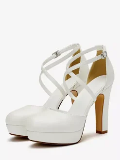 White Wedding Shoes Satin Platform Round Toe Criss Cross Bridal Pumps