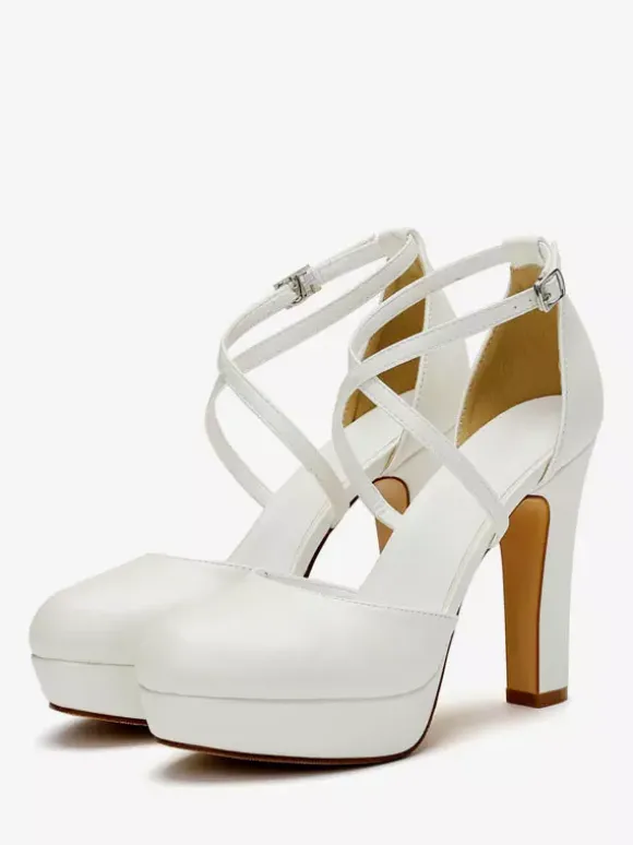 White Wedding Shoes Satin Platform Round Toe Criss Cross Bridal Pumps