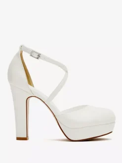 White Wedding Shoes Satin Platform Round Toe Criss Cross Bridal Pumps