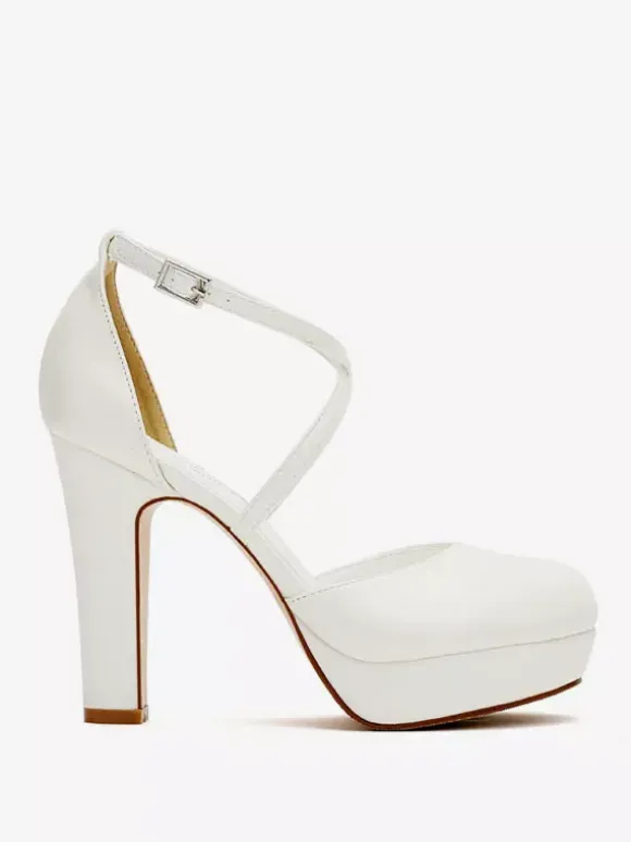 White Wedding Shoes Satin Platform Round Toe Criss Cross Bridal Pumps