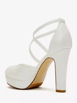 White Wedding Shoes Satin Platform Round Toe Criss Cross Bridal Pumps