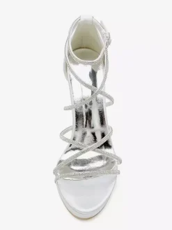 White Wedding Shoes Satin Open Toe Rhinestones Strappy Bridal Shoes