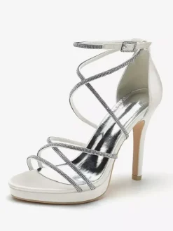 White Wedding Shoes Satin Open Toe Rhinestones Strappy Bridal Shoes