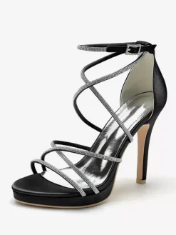 White Wedding Shoes Satin Open Toe Rhinestones Strappy Bridal Shoes