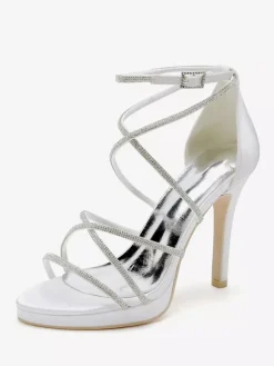White Wedding Shoes Satin Open Toe Rhinestones Strappy Bridal Shoes