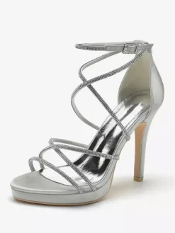 White Wedding Shoes Satin Open Toe Rhinestones Strappy Bridal Shoes