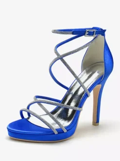 White Wedding Shoes Satin Open Toe Rhinestones Strappy Bridal Shoes