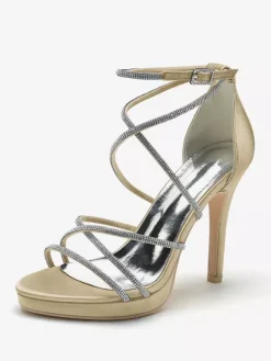 White Wedding Shoes Satin Open Toe Rhinestones Strappy Bridal Shoes