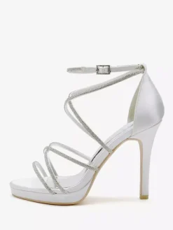 White Wedding Shoes Satin Open Toe Rhinestones Strappy Bridal Shoes